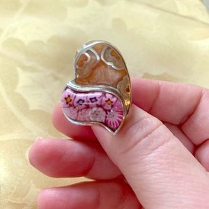 Murano Millefiori heart shaped ring 925 silver